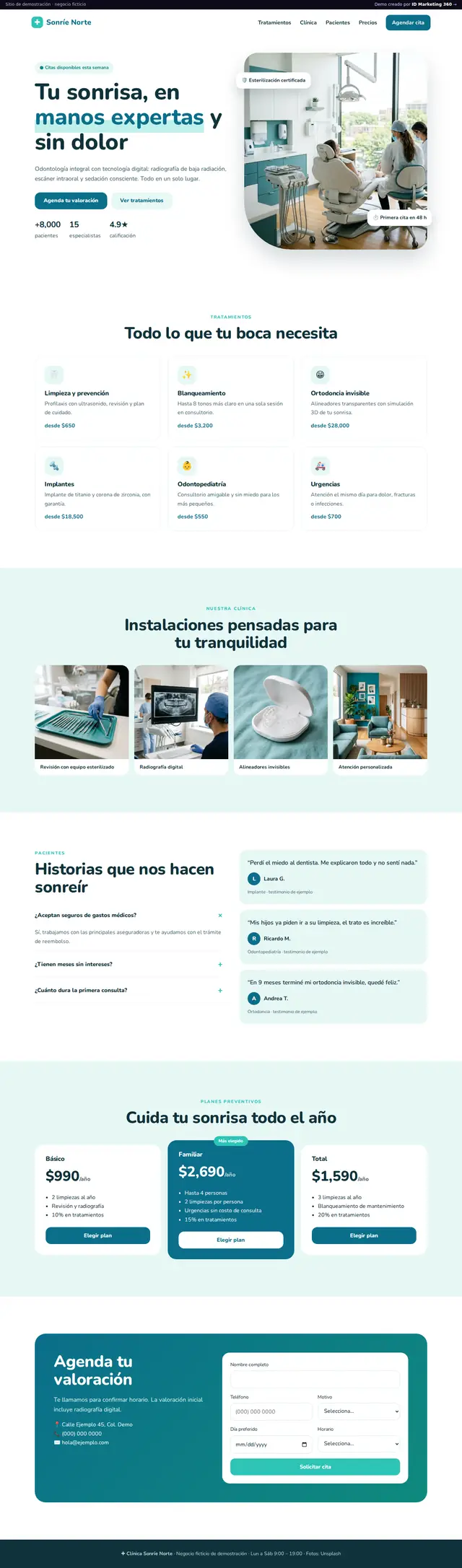 Página completa del demo Clínica Sonríe Norte