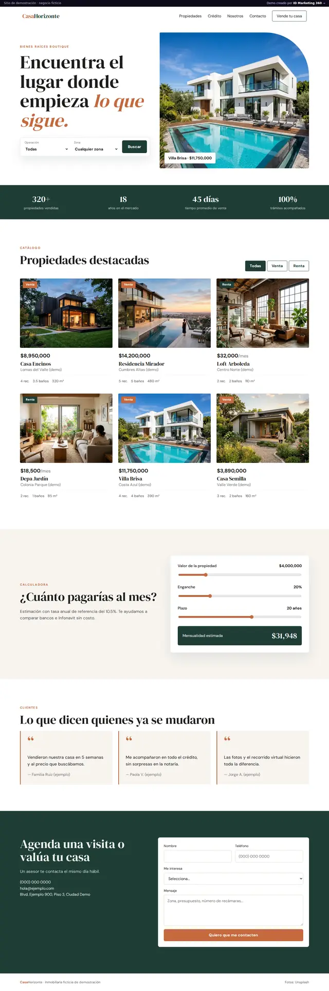 Página completa del demo Casa Horizonte