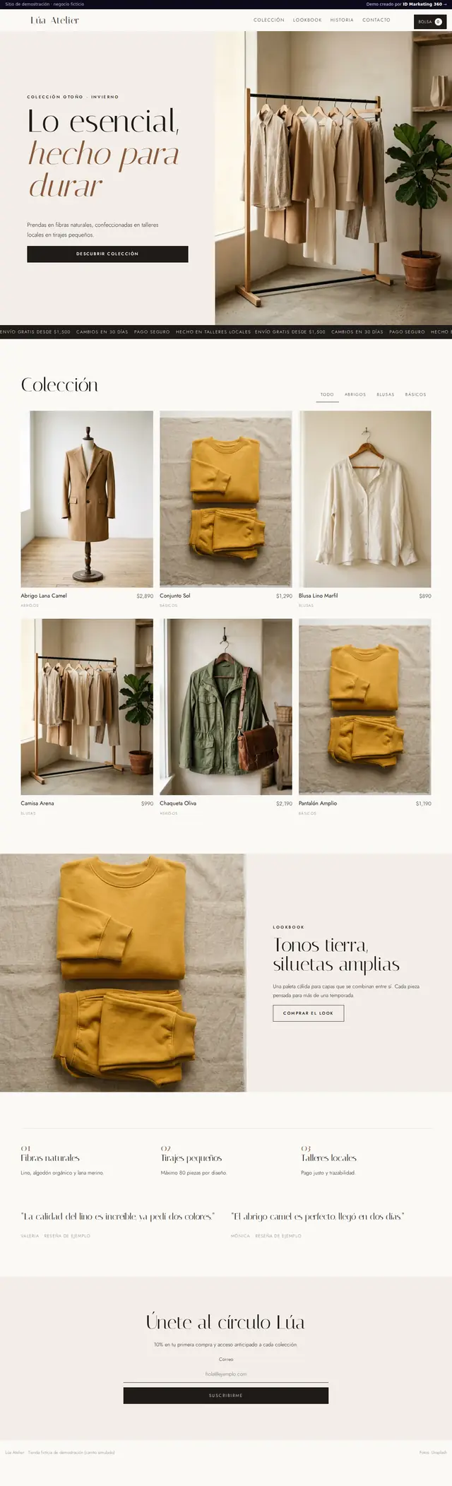 Página completa del demo Lúa Atelier