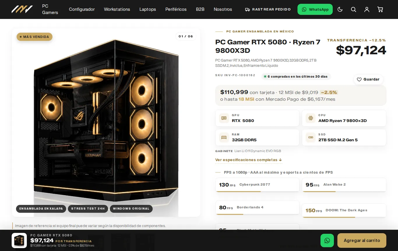Ficha de una PC en Invictus PC con FPS por juego y precio por forma de pago